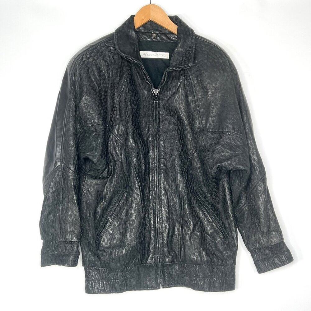 Vintage 80s Andrew Marc Black Leather Embossed Oversized Bomber Jacket Coat L